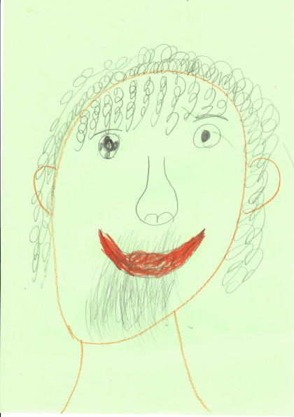 Zeichnung eines Gesichts mit lockigen Haaren und einem Lächeln in bunten Farben.