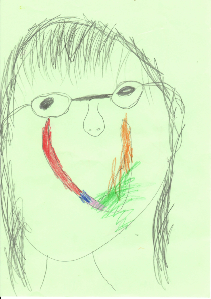 Kindliche Zeichnung eines Gesichts mit Brille und bunten Farben für das Lächeln.