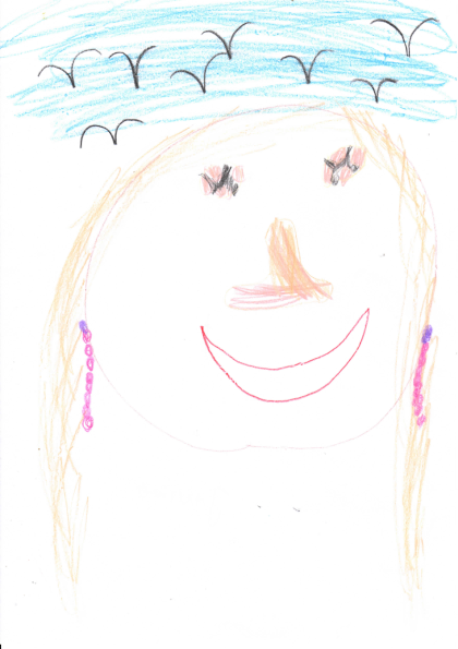 Bunt gemalte Zeichnung eines Gesichts mit einem blauen Hut und langen Haaren.